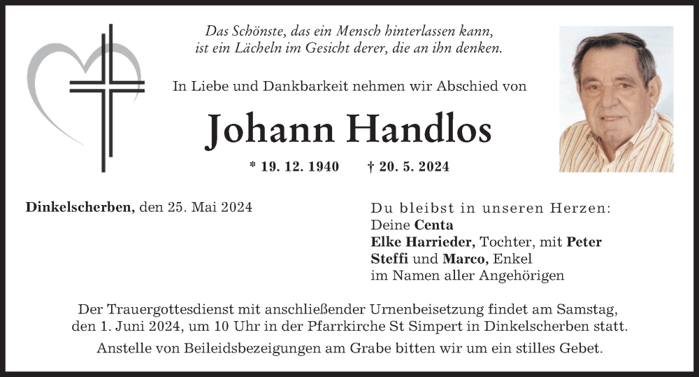 Traueranzeige von Johann Handlos von Augsburger Allgemeine