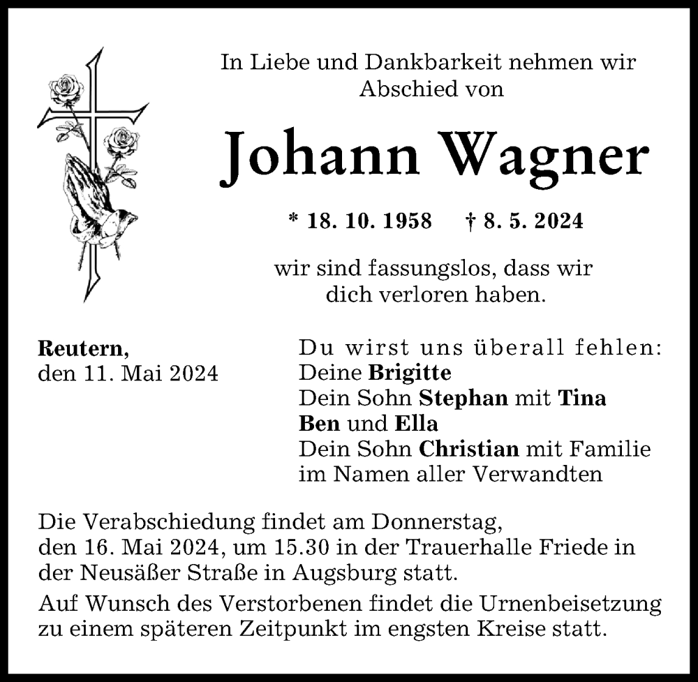 Traueranzeige von Johann Wagner von Augsburg-Land