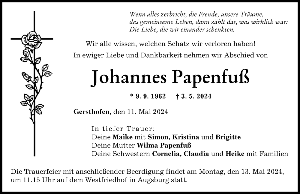 Traueranzeige von Johannes Papenfuß von Augsburger Allgemeine