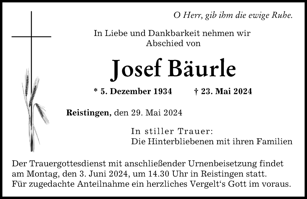 Traueranzeige von Josef Bäurle von Donau Zeitung