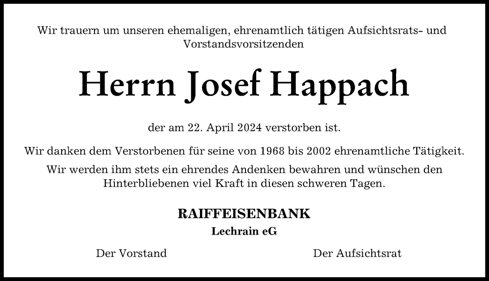 Traueranzeige von Josef Happach von Landsberger Tagblatt