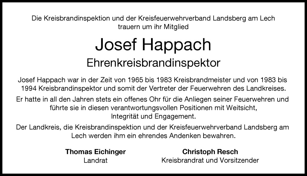 Traueranzeige von Josef Happach von Landsberger Tagblatt