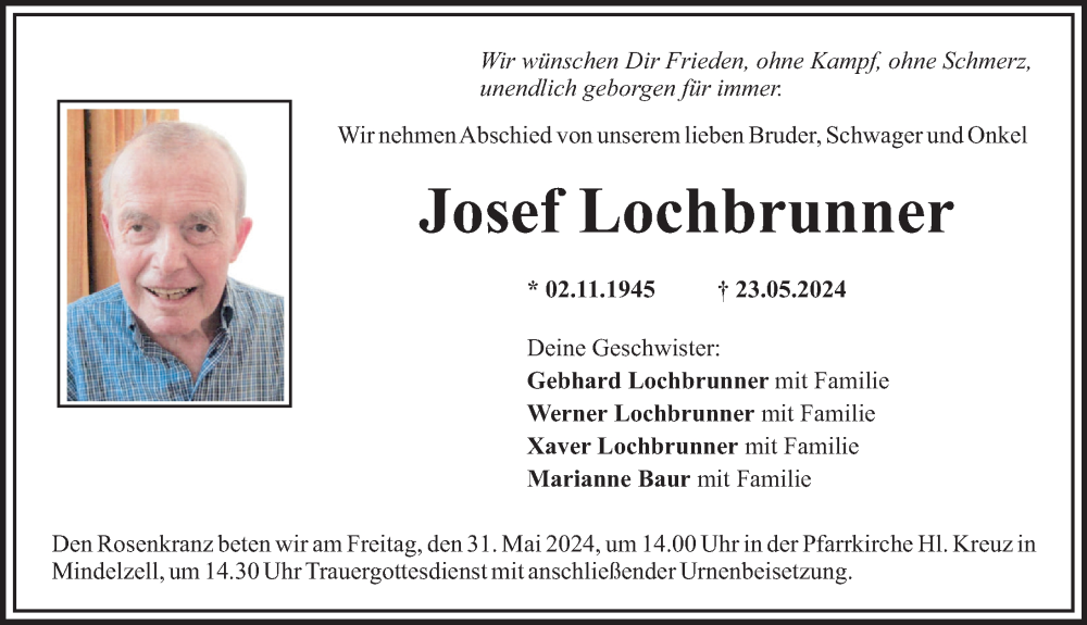 Traueranzeige von Josef Lochbrunner von Mittelschwäbische Nachrichten