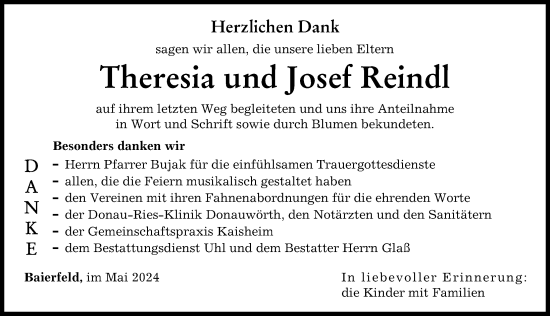 Traueranzeige von Josef Reindl von Donauwörther Zeitung