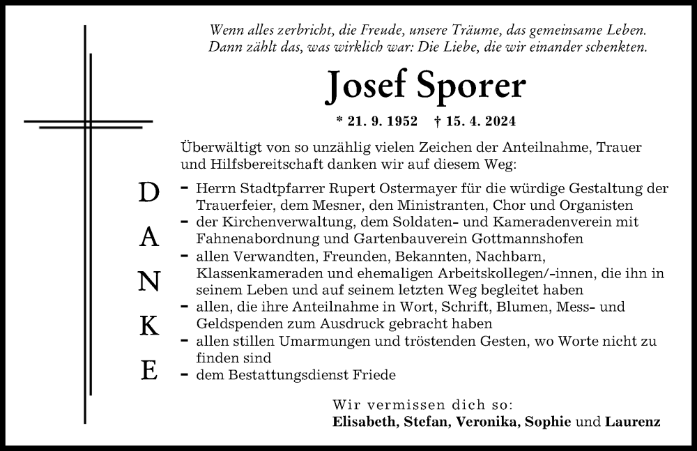 Traueranzeige von Josef Sporer von Wertinger Zeitung