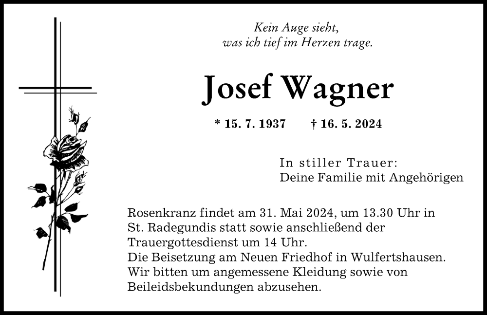 Traueranzeige von Josef Wagner von Friedberger Allgemeine