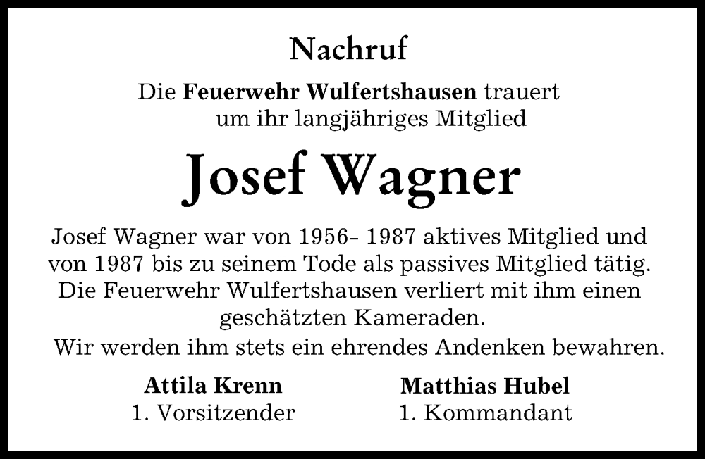 Traueranzeige von Josef Wagner von Friedberger Allgemeine