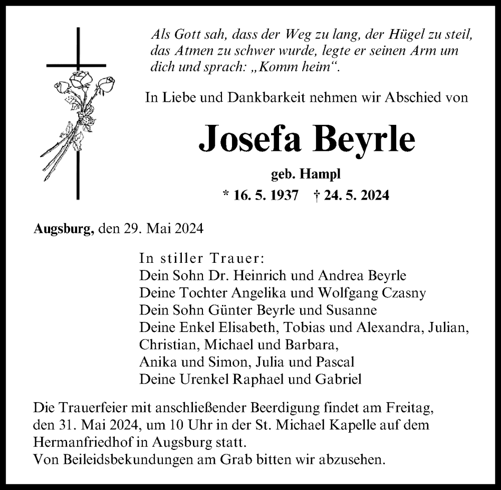 Traueranzeige von Josefa Beyrle von Augsburger Allgemeine