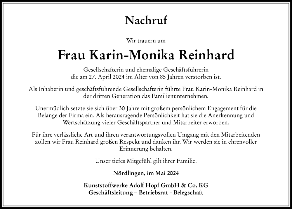 Traueranzeige von Karin-Monika Reinhard von Rieser Nachrichten