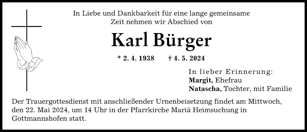 Traueranzeige von Karl Bürger von Wertinger Zeitung