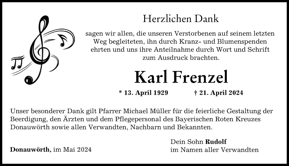 Traueranzeige von Karl Frenzel von Donauwörther Zeitung