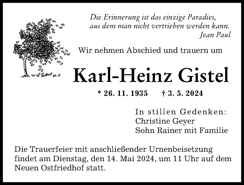 Traueranzeige von Karl-Heinz Gistel von Augsburger Allgemeine