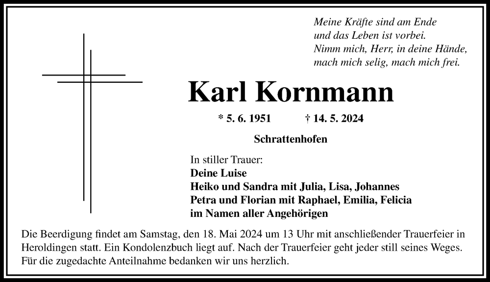 Traueranzeige von Karl Kornmann von Rieser Nachrichten