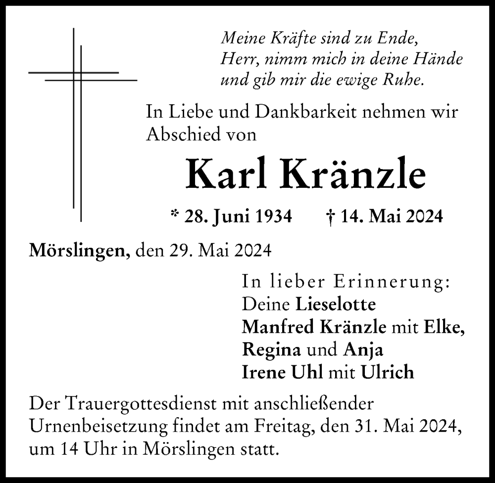 Traueranzeige von Karl Kränzle von Donau Zeitung