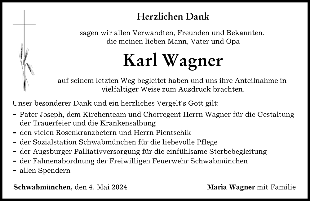 Traueranzeige von Karl Wagner von Schwabmünchner Allgemeine