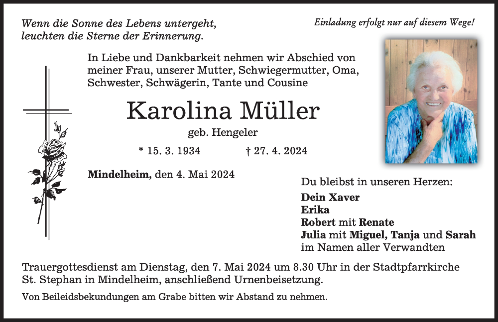 Traueranzeige von Karolina Müller von Mindelheimer Zeitung