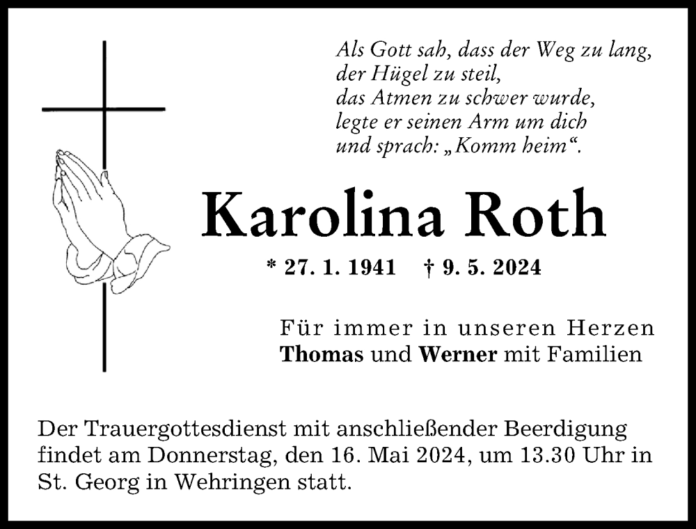 Traueranzeige von Karolina Roth von Schwabmünchner Allgemeine