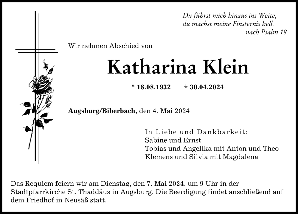 Traueranzeige von Katharina Klein von Augsburger Allgemeine