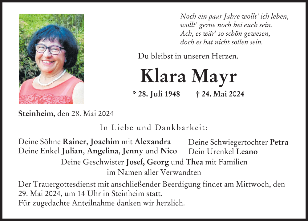  Traueranzeige für Klara Mayr vom 28.05.2024 aus Donau Zeitung