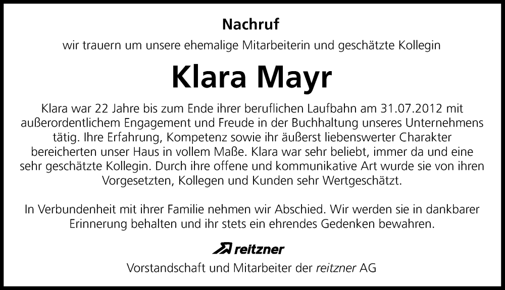 Traueranzeige von Klara Mayr von Donau Zeitung