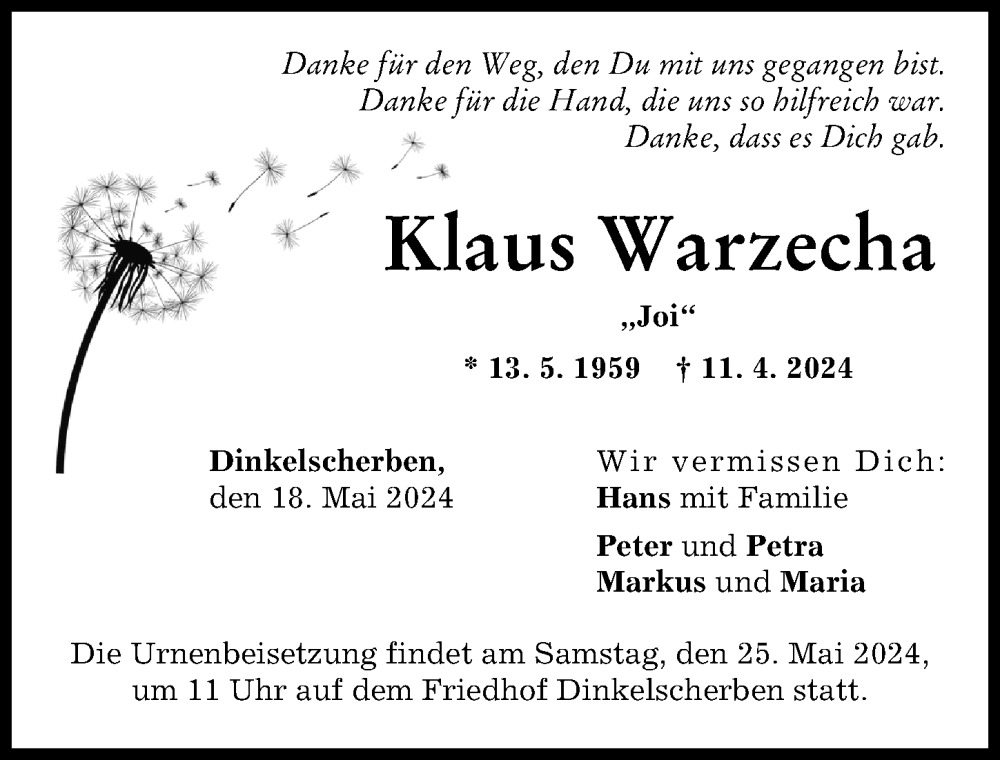 Traueranzeige von Klaus Warzecha von Augsburg-Land