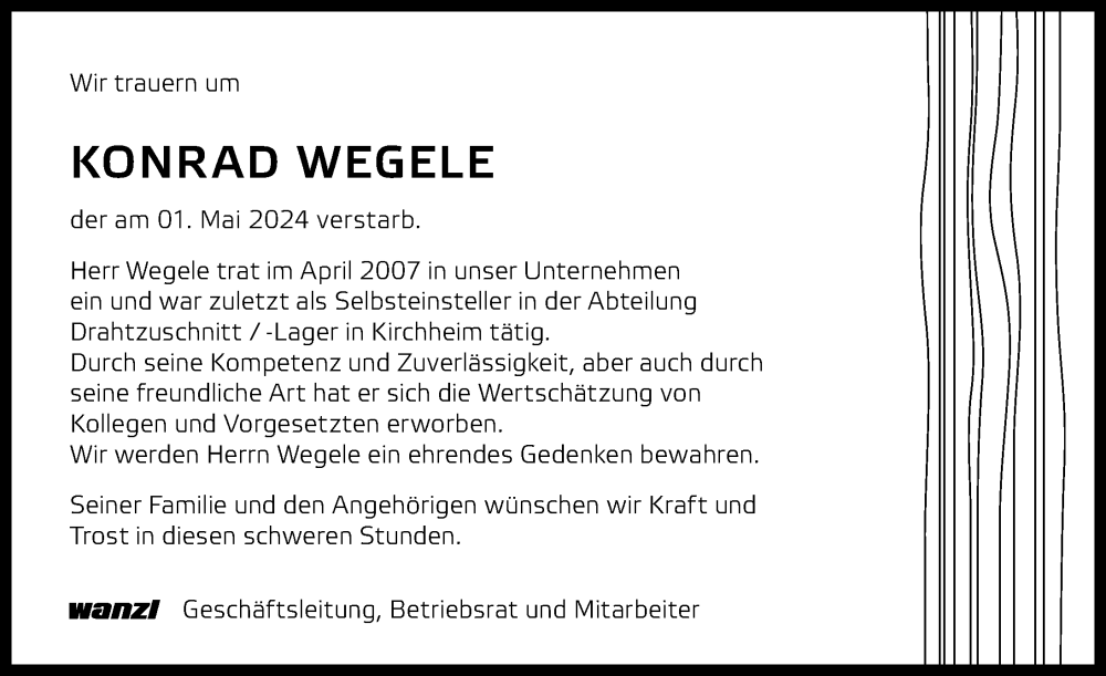  Traueranzeige für Konrad Wegele vom 08.05.2024 aus Mittelschwäbische Nachrichten