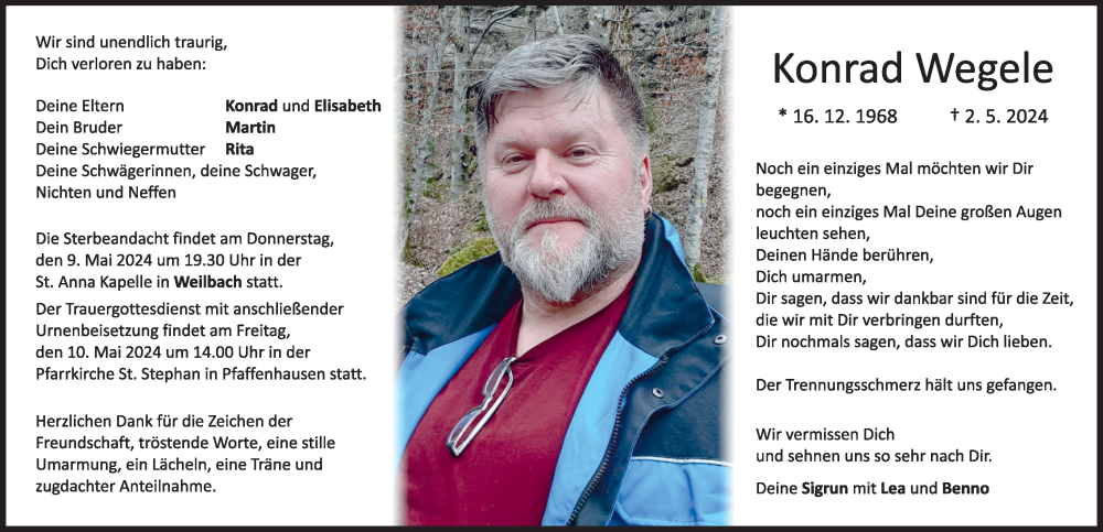  Traueranzeige für Konrad Wegele vom 08.05.2024 aus Mindelheimer Zeitung