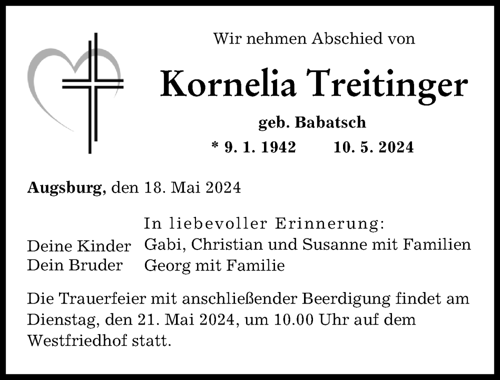 Traueranzeige von Kornelia Treitinger von Augsburger Allgemeine