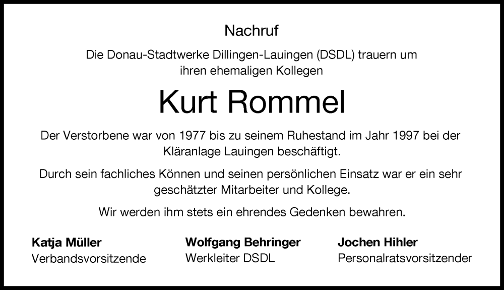 Traueranzeige von Kurt Rommel von Donau Zeitung