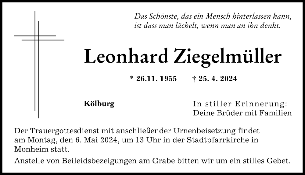 Traueranzeige von Leonhard Ziegelmüller von Donauwörther Zeitung