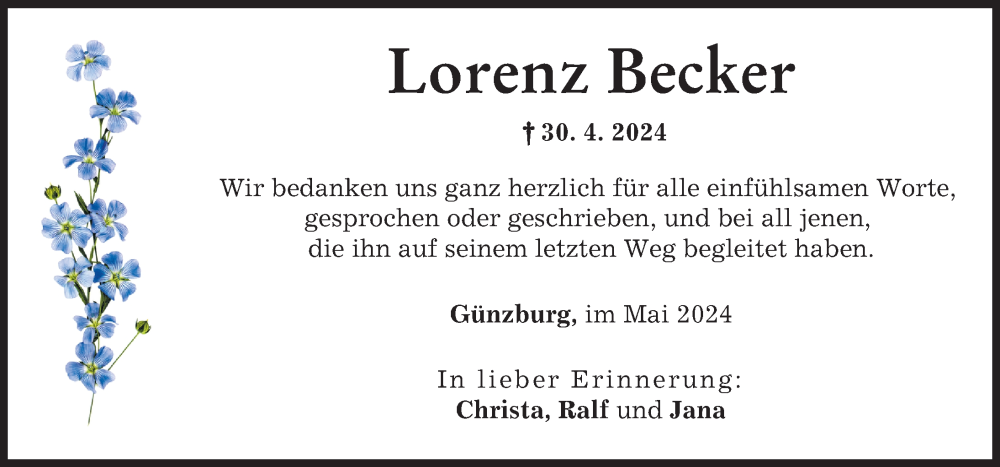 Traueranzeige von Lorenz Becker von Günzburger Zeitung