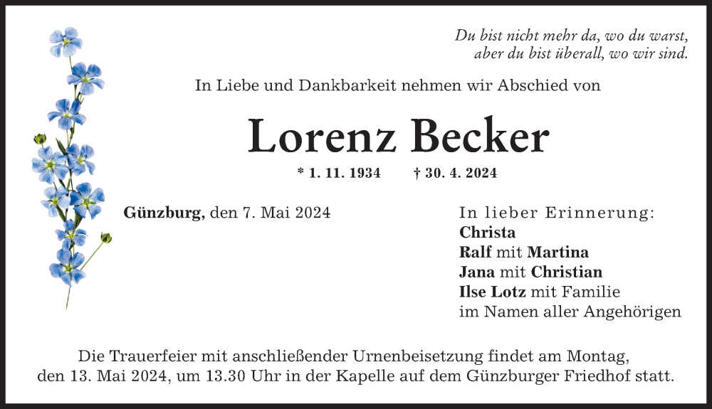 Traueranzeige von Lorenz Becker von Günzburger Zeitung