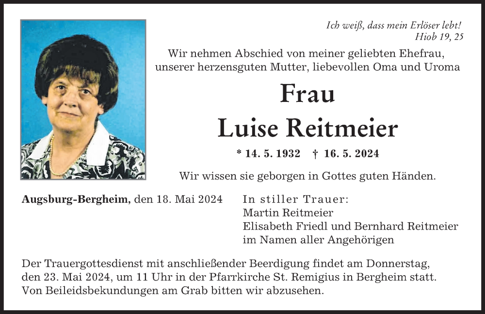 Traueranzeige von Luise Reitmeier von Augsburger Allgemeine