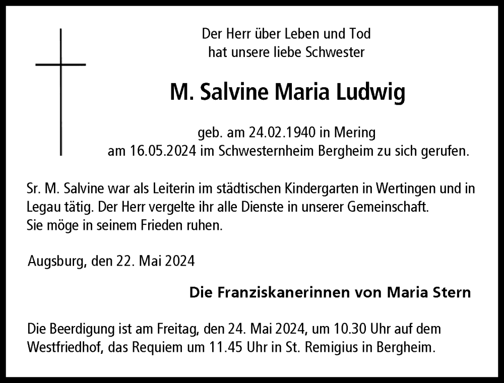 Traueranzeige von M. Salvine Maria Ludwig von Augsburger Allgemeine