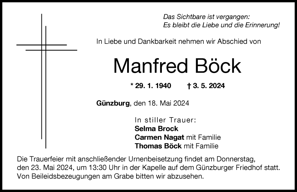 Traueranzeige von Manfred Böck von Günzburger Zeitung