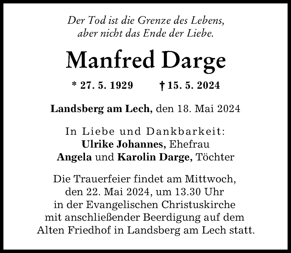 Traueranzeige von Manfred Darge von Landsberger Tagblatt