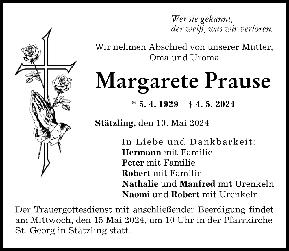 Traueranzeige von Margarete Prause von Friedberger Allgemeine