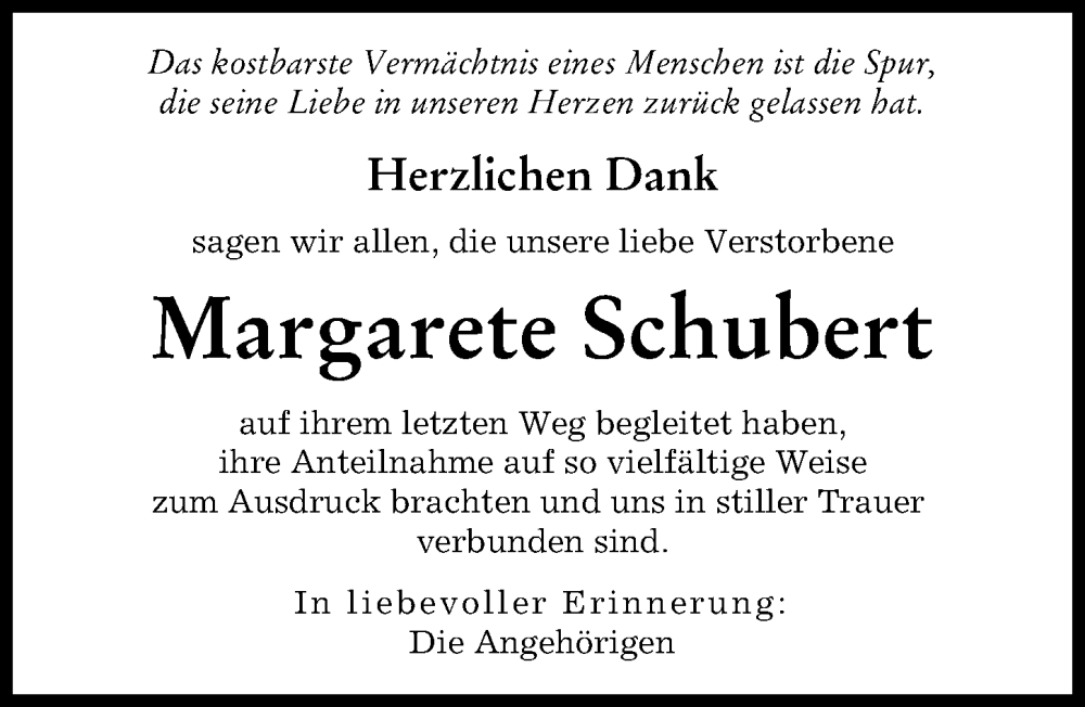 Traueranzeige von Margarete Schubert von Augsburger Allgemeine