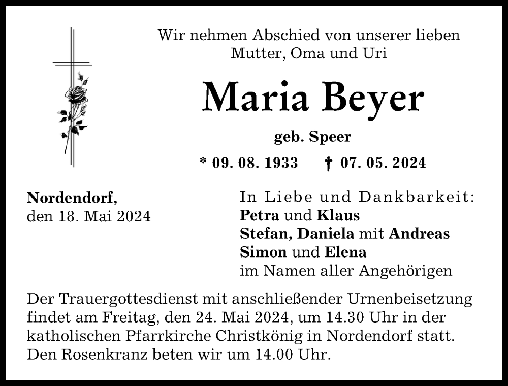 Traueranzeige von Maria Beyer von Augsburg-Land