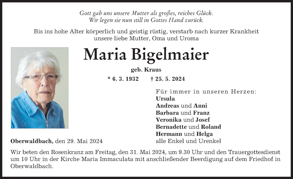 Traueranzeige von Maria Bigelmaier von Augsburg-Land, Günzburger Zeitung