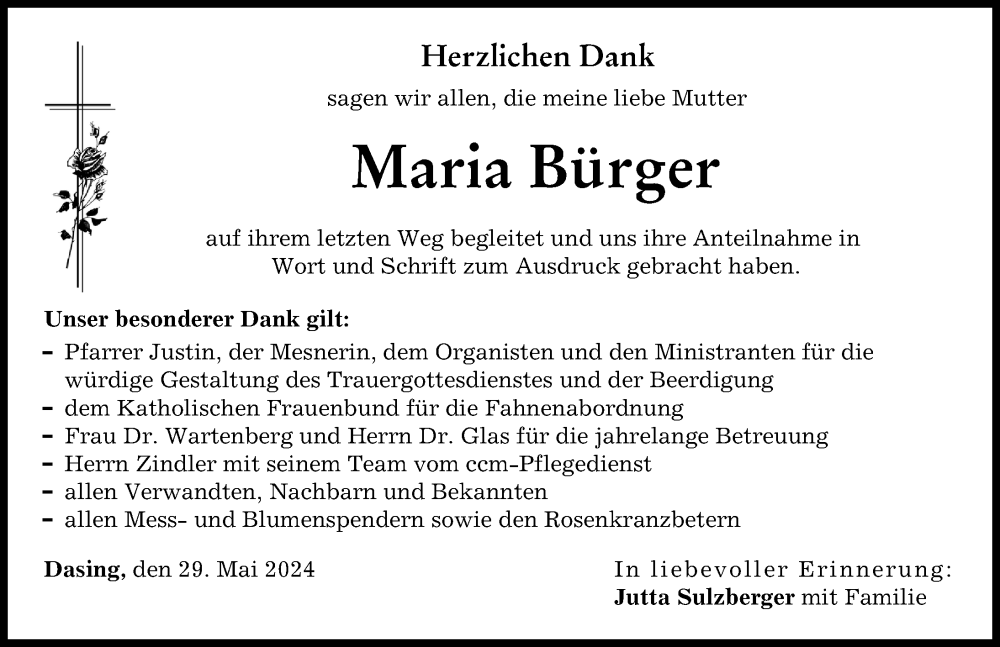Traueranzeige von Maria Bürger von Friedberger Allgemeine