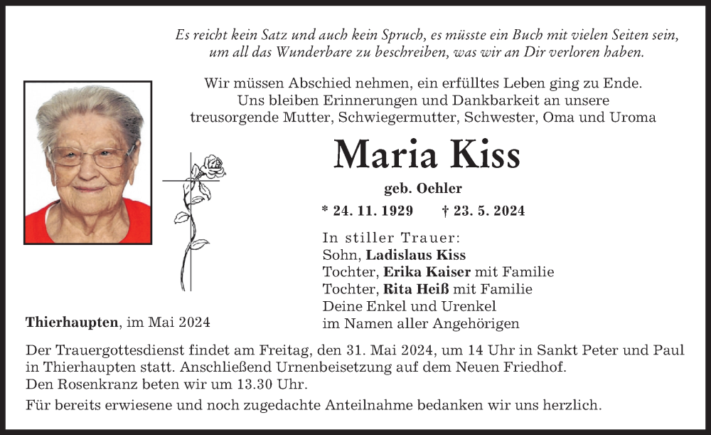 Traueranzeige von Maria Kiss von Augsburg-Land