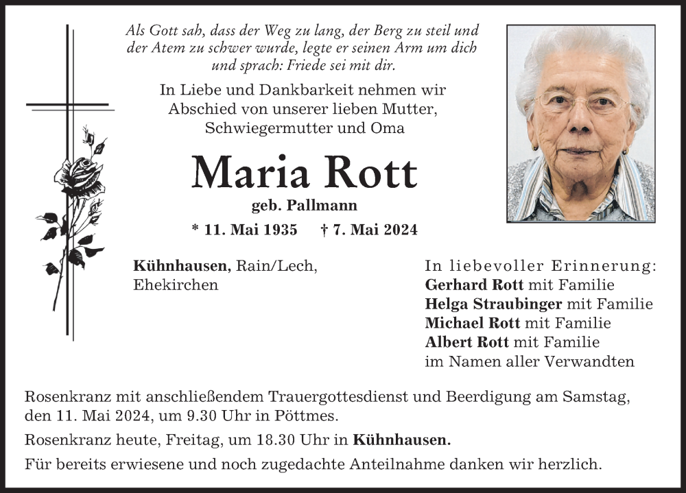 Traueranzeige von Maria Rott von Neuburger Rundschau, Aichacher Nachrichten
