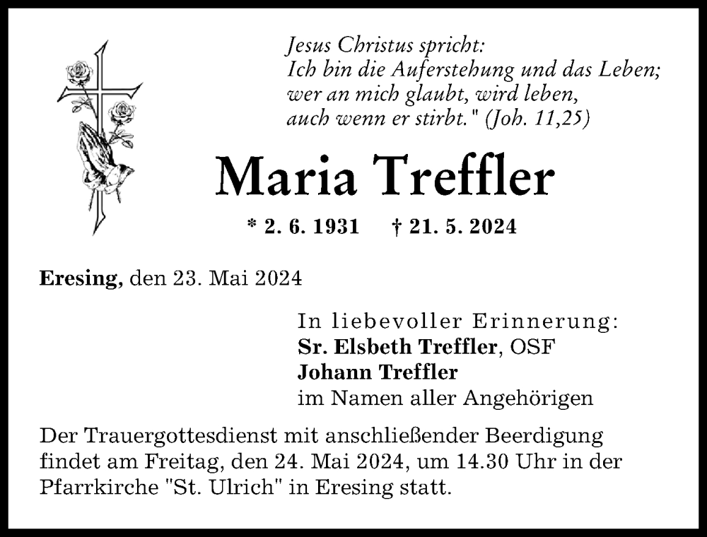 Traueranzeige von Maria Treffler von Landsberger Tagblatt