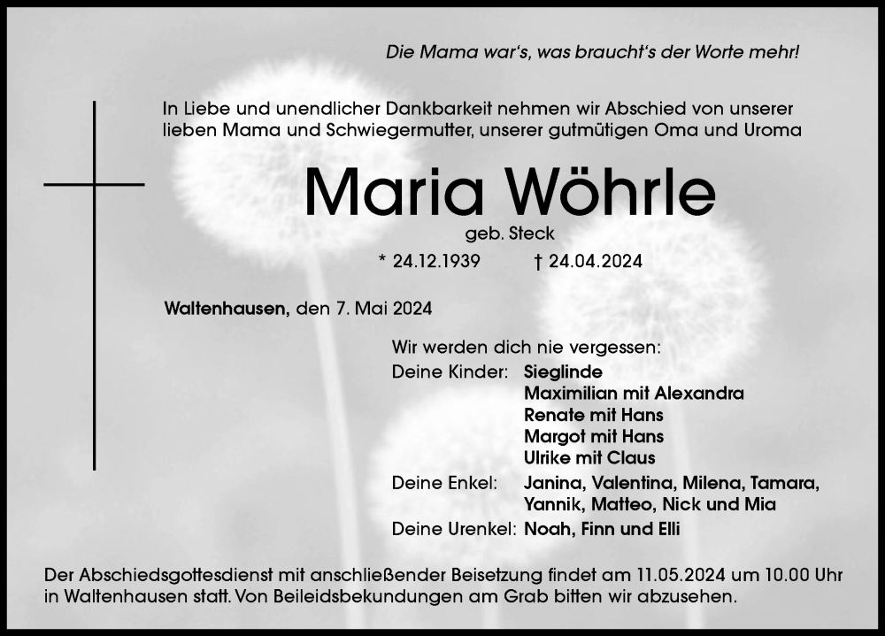 Traueranzeige von Maria Wöhrle von Mittelschwäbische Nachrichten