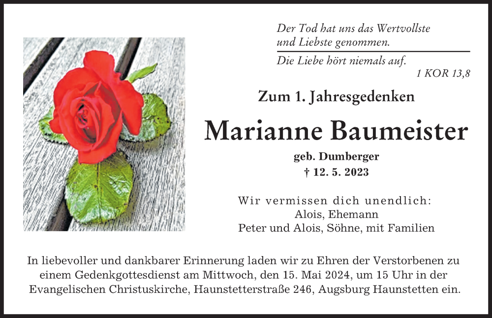 Traueranzeige von Marianne Baumeister von Augsburger Allgemeine