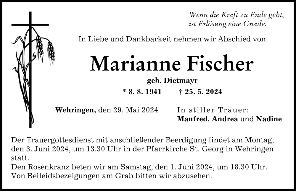 Traueranzeige von Marianne Fischer von Schwabmünchner Allgemeine