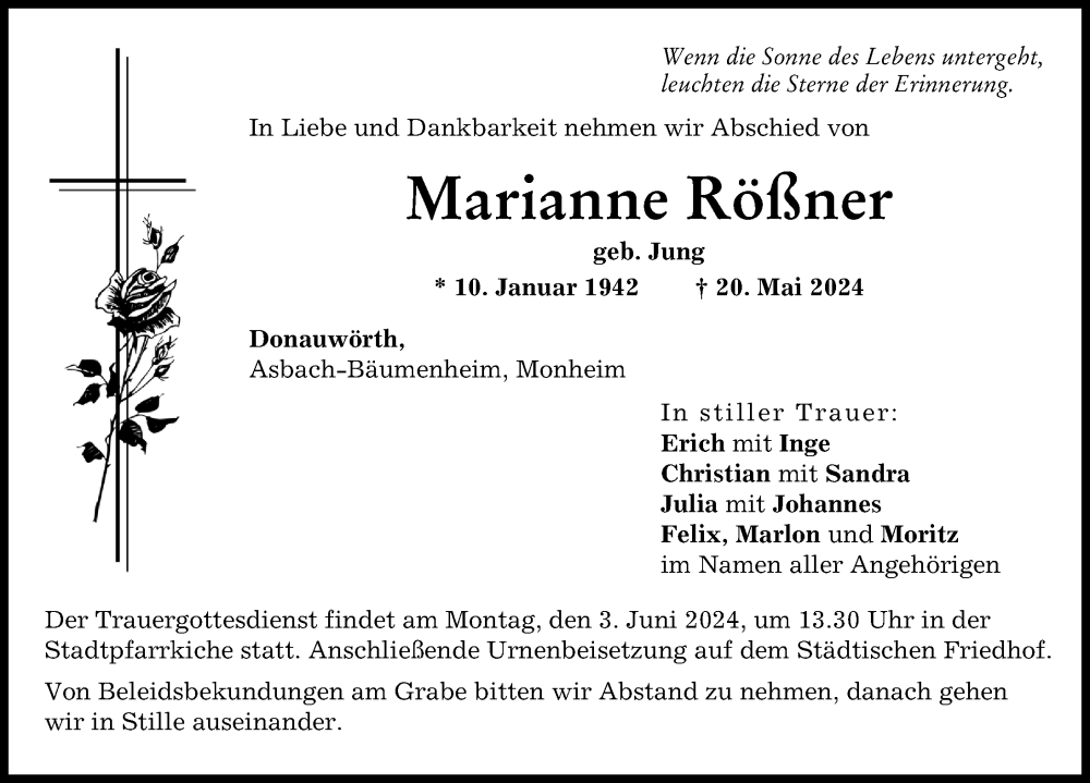 Traueranzeige von Marianne Rößner von Donauwörther Zeitung