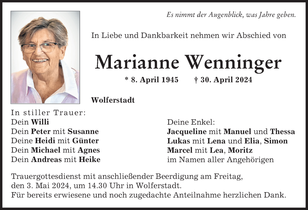 Traueranzeige von Marianne Wenninger von Donauwörther Zeitung