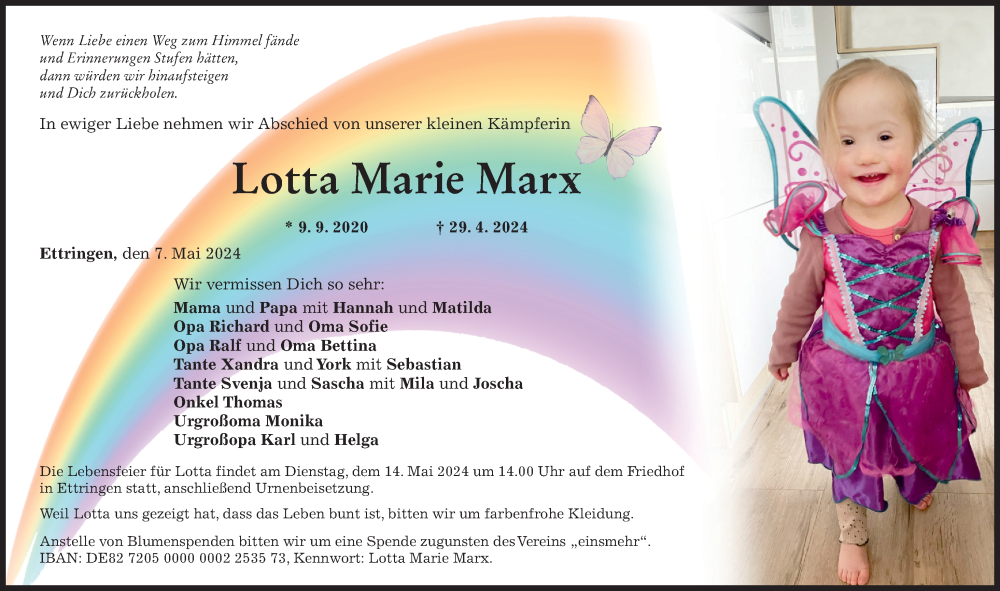  Traueranzeige für Lotta Marie  Marx vom 07.05.2024 aus Mindelheimer Zeitung